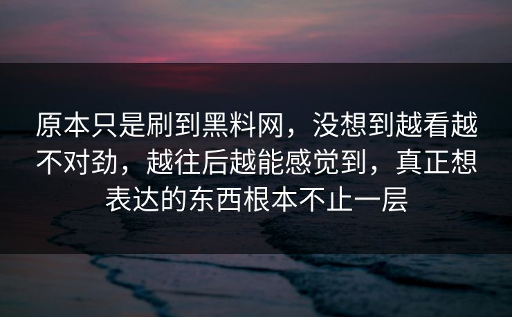 原本只是刷到黑料网，没想到越看越不对劲，越往后越能感觉到，真正想表达的东西根本不止一层